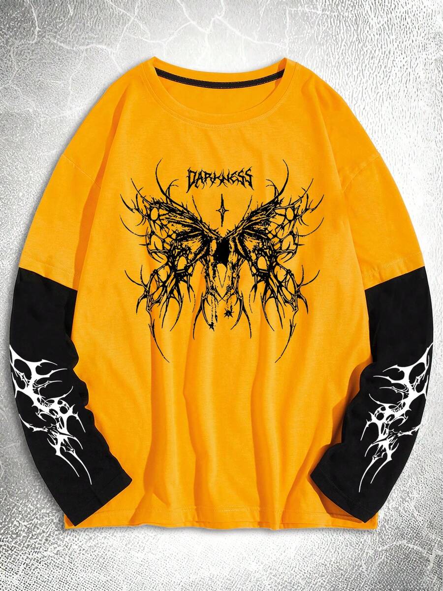 YUNCHIC 男士长袖圆领T恤，透气百搭，宽松休闲打底衫，韩式简约风，创意经典图案，宽松版型圆领T恤，秋季休闲上衣 - 黃色 - 查看 1