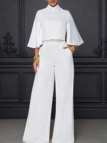 Elegant White Two-Piece Outfit For Women Half Sleeve Batwing Blouse And Long Pants Set With Pockets Slight Stretch Woven Fabric - 白色 - 查看 2