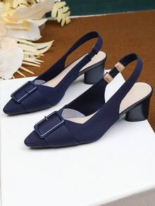Ladies' Pointy, Shallow-Mouthed Hollow Fabric Buckles Are Casual And Breathable, And They Are Decorated With Large-Size High-Heeled Shoes With A Back Strap.  Office - Màu xanh lam - Xem 5