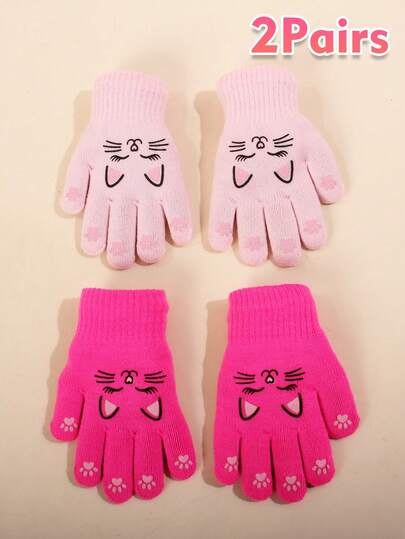 2 Pairs Girls' Cat & Rabbit Pattern Knitted Warm Gloves, Suitable For Outdoor Activities And Daily Use, Autumn/Winter