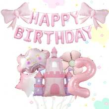 Conjunto de globos de aluminio con forma de castillo, lazo de color rosa mate, nube rosa y bandera de letra, adecuado para decoración de fiesta de cumpleaños, decoración del hogar - Multicolor - Ver 11
