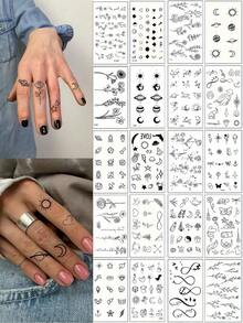 20 Sheets Finger Tattoos For Women Small Temporary Tattoos Adult Black Tiny Fake Tattoos Realistic Flower Moon Sun Star Pattern Mini Cute Temp Tattoos Stickers For Hand,Sketch Style - Black - View 6