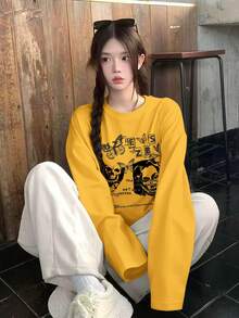 复古美式肖像字母印花休闲长袖T恤，女士款，甜美风格，适合秋冬季节。 - 黃色 - 查看 5