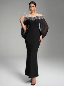 Fuaheng Asymmetrical Sleeve Luxury Pearl Embroidered Cinched Waist Bodycon Dress, Evening Gown Party - Black - View 2
