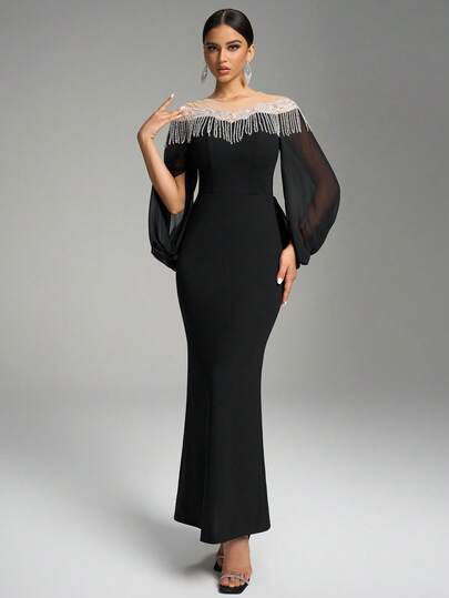 Fuaheng Asymmetrical Sleeve Luxury Pearl Embroidered Cinched Waist Bodycon Dress, Evening Gown Party