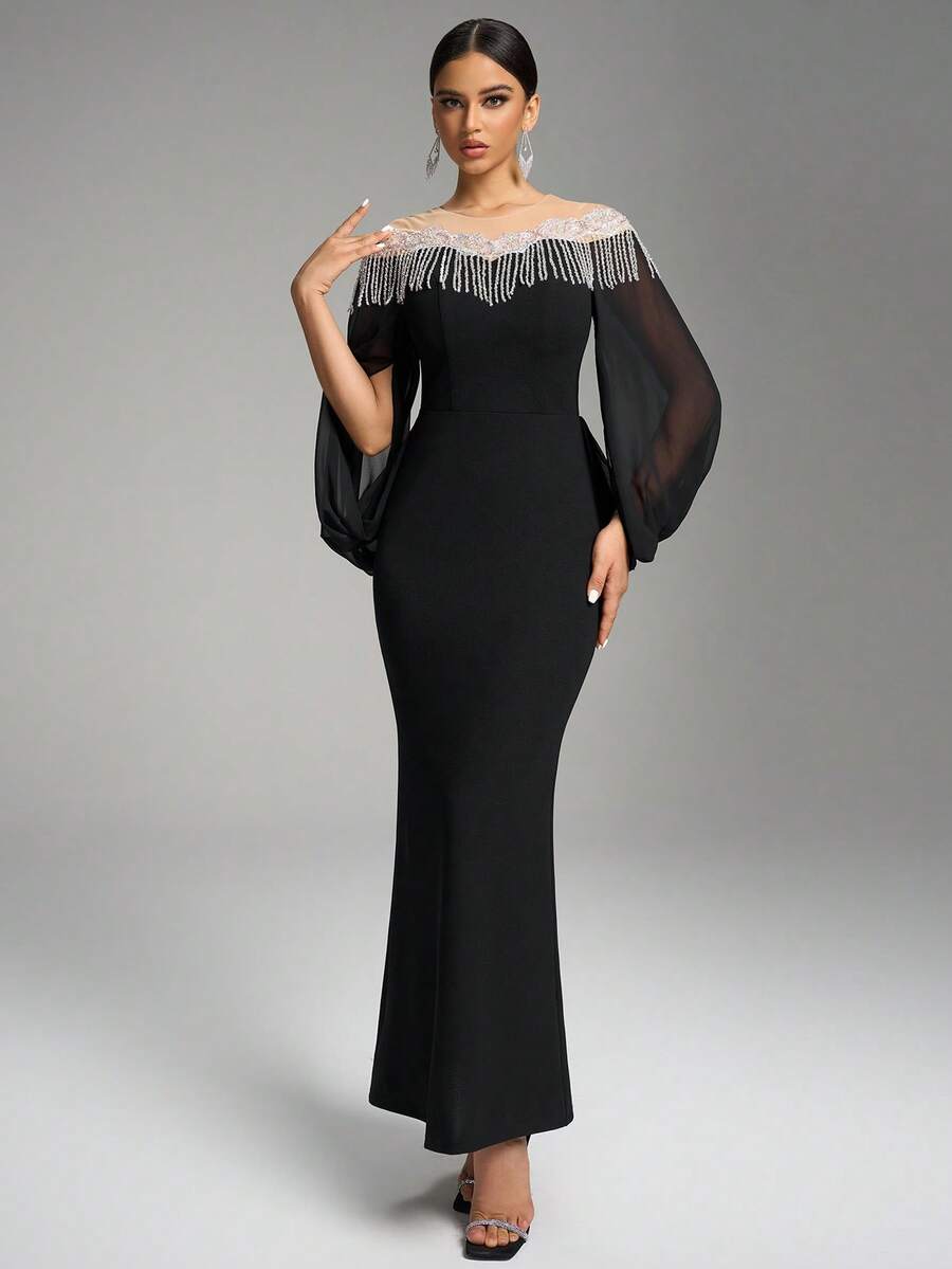 Fuaheng Asymmetrical Sleeve Luxury Pearl Embroidered Cinched Waist Bodycon Dress, Evening Gown Party