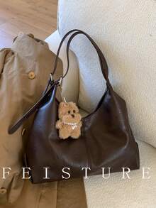 1 pieza Bolso de hombro de mujer de gran capacidad de unicolor FEISTURE PU, con cierre magnético y colgante de peluche, adecuado para salidas diarias, citas y viajes - Café - Ver 8
