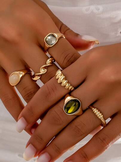 Set de 6 anillos de metal cerrados con diseño de rhinestone, elegantes para fiesta, boda, Año Nuevo, Día de San Valentín, mejor regalo para amigos, estilo coreano de moda y lindo