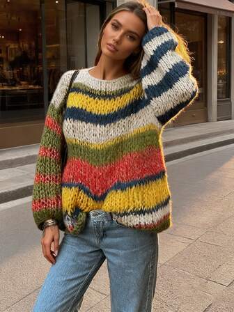 Fall Women Clothes Sweater Rainbow Knitted Striped Pullover: Retro Inspired Loose Knit Sweater For Women, Chic Autumn Oneck High Street Tops School Clothes Cute Tops Women Homecoming Y2k Clothes Streetweat Old Money Style Women Teacher Outfits For Women