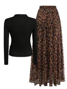 Women Autumn Solid Crew Neck Pleated Fitted Long Sleeve T-Shirt + Leopard Print Skirt Casual 2 Pieces Outfit - Multicolor - View 2
