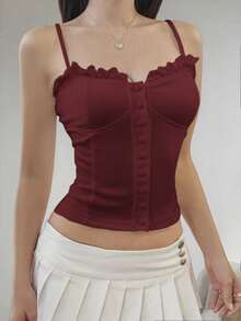 Sunny Girly Fall Women Clothes Y2k Back To School A Sexy And Pure Style Button-Down Front Button-Fitted Halter Top Romantictops Going Out Tops Women - Burgundy - View 9