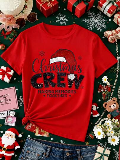 Women's Casual Christmas Hat & Text Graphic Red T-Shirt, Fall/Winter