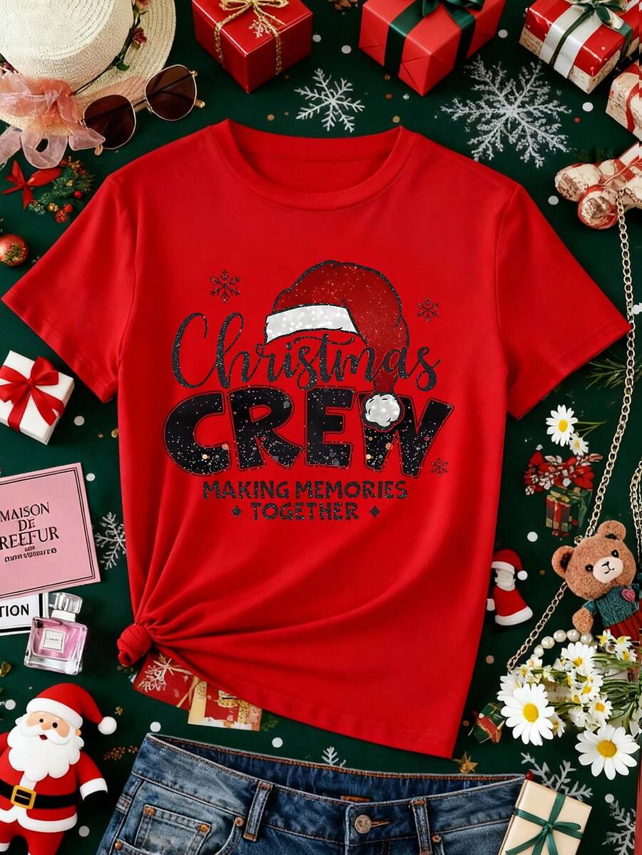 Women's Casual Christmas Hat & Text Graphic Red T-Shirt, Fall/Winter - Red - View 1