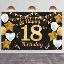 1 Item, Birthday Happy Background Banner, Birthday Party Decoration, Black And Gold Poster Photo Booth Background Banner, Suitable For Male And Female 18-Year-Old Birthday Party Supplies - Multicolor - View 1