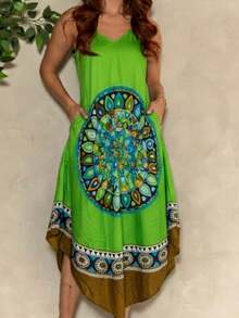 MIA BRAZIL Midi Trapeze Dress In Viscose With Mandala Print, Comfortable With Pockets, Perfect For Summer, Everyday Wear And The Beach - PLK-2104 - Green - View 3