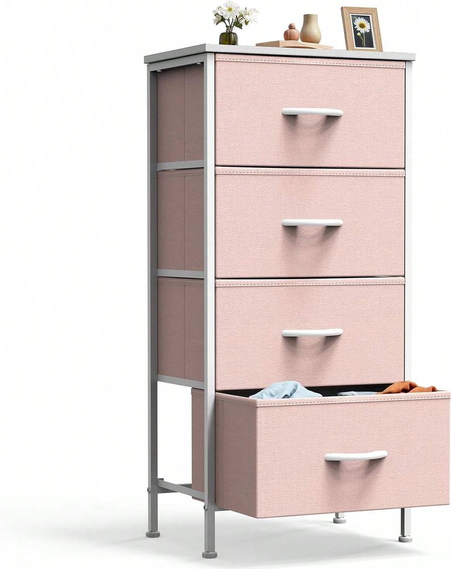 Sweetcrispy Drawer Organizer Dresser With Removable Fabric Bins & Sturdy Steel Frame/Wood Top - Tall Bedside Table Suitable For Bedroom, Dorm, Living Room - Hồng - Xem 1