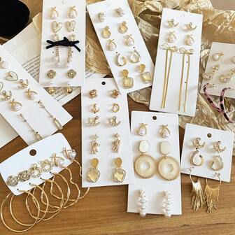 6/10/12件套奢华水钻几何、仿珍珠、心形、泰迪熊、月亮流苏首饰套装，时尚通勤、派对、礼品，百搭耳环