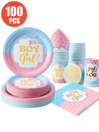 100 piezas Conjunto de vajilla para fiesta de revelación de género, platos de papel desechables de 7/9 pulgadas, decoraciones para fiesta de revelación de género con tema de elefante, platos de papel, vasos y servilletas, platos, vasos y servilletas de papel desechables, suministros para fiesta de revelación de género con lindo tema de elefante