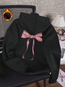 Es Trus Plus，秋冬女款“蝴蝶结”图案印花街头时尚韩版复古Y2K服装黑色加大码连帽卫衣 - 黑色 - 查看 2