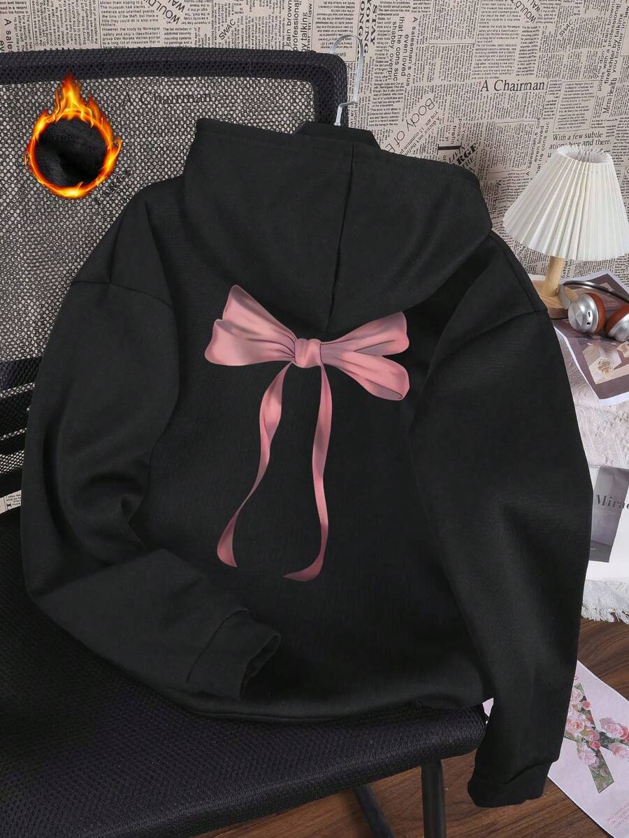 Es Trus Plus，秋冬女款“蝴蝶结”图案印花街头时尚韩版复古Y2K服装黑色加大码连帽卫衣