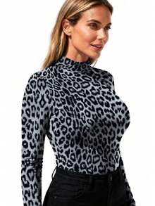 Blusa de cuello alto de manga larga con estampado de leopardo para mujer, suéter ajustado, capa base de alta elasticidad, camiseta regular - Multicolor - Ver 4
