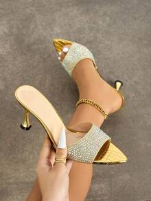 女士高跟鞋，时尚派对/户外穿着，优雅宴会，尖头设计，闪亮水钻装饰，高品质纹理面料，穆勒鞋款式，性感腰部设计，宽鞋面，奢华金色，适合正式场合、休闲穿着、户外穿着、街头风格 - 金色 - 查看 1