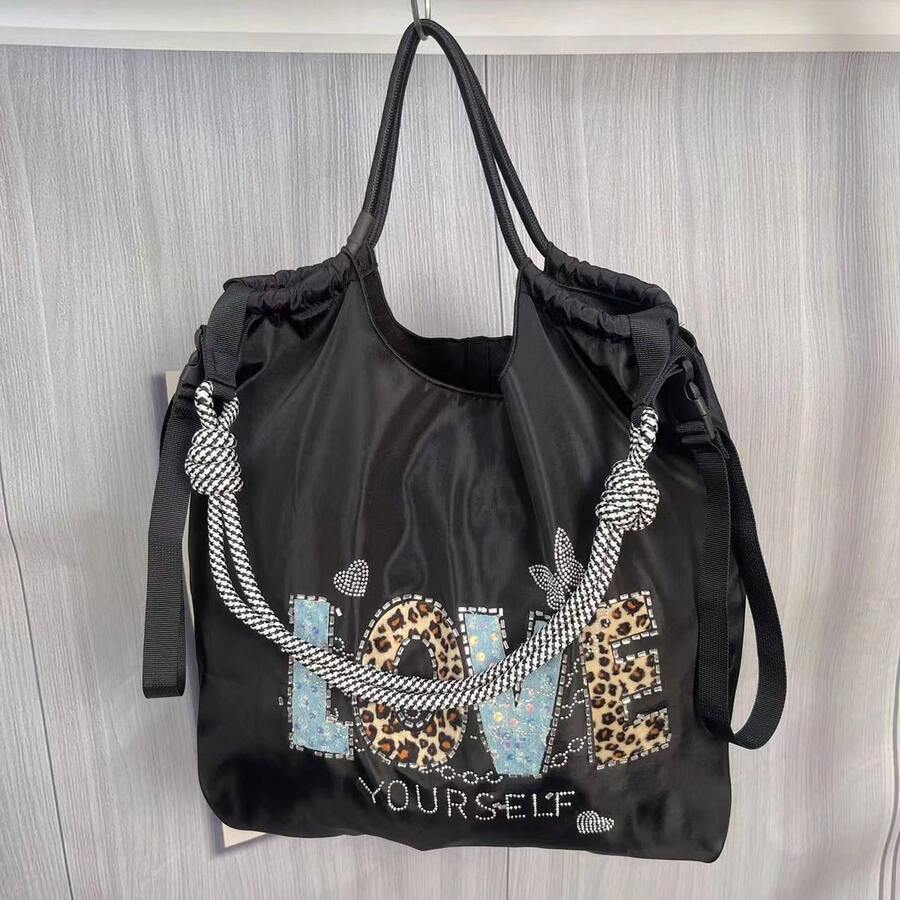 Rhinestone Embellished Nylon Tote Bag, Large Capacity Shoulder Handbag For Women, Commuting - Black - View 1