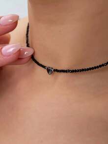 1 chiếc vòng cổ choker hình trái tim đính đá mật ong đen dành cho nữ - Dây chuyền hạt pha lê thủy tinh thời trang, thiết kế đơn giản thanh lịch cho trang phục thường ngày - Vòng cổ hạt cườm - Xem 5