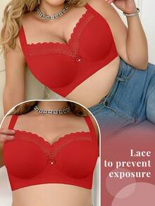MIMILEMON Plus Size Women's Underwire Bra - Wide Straps, Lift & Side Support, Lace Trim & Bow Details, Comfortable Full Coverage, Suitable For Daily Wear - Red - View 5