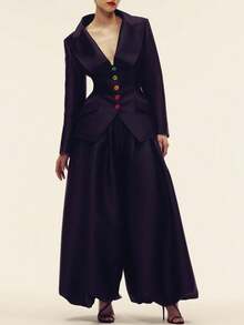 Women's Elegant Black Asymmetrical Lapel Two-Piece Outfit Long Sleeve Button Front Woven Fabric Top And Long Pants Set - 黑色 - 查看 6