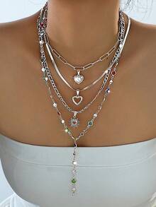 4 piezas Elegante collar en forma de corazón de plata con capas de coloridos rhinestones, regalo perfecto para mujeres en vacaciones, citas, fiestas, bailes, cumpleaños - Plateado - Ver 3