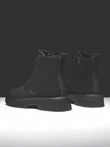 男士秋季皮靴，防水高帮黑色皮鞋，复古休闲英伦风登山工作靴 - 黑色 - 查看 4