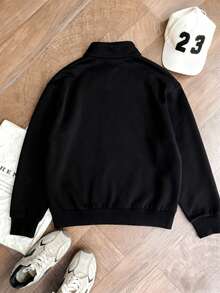 Black Half-Zip Polo Collar Cartoon Print Sweatshirt For Women, Loose Casual Versatile Pullover Top, Autumn/Winter - Black - View 6