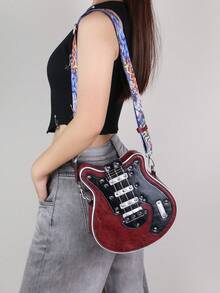 2025 New Personalised Y2K Baddie Retro Mini Guitar Bag, Bass Guitar Asymmetric Shaped Shoulder Messenger Bag With Chain, Rivet Decor Contrast Color Wide Strap, Unisex Streetwear (Small Size) - Màu Đỏ Sâu - Xem 3