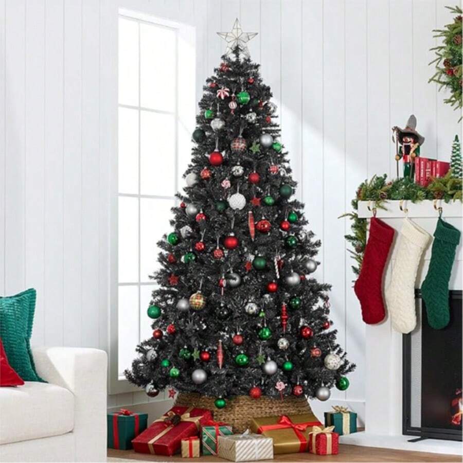 Árbol de Navidad artificial, 210 cm, abeto realista de alta calidad sin luces, decoración navideña con ramas densas, base de metal - abeto negro. - Verde Oscuro - Ver 1