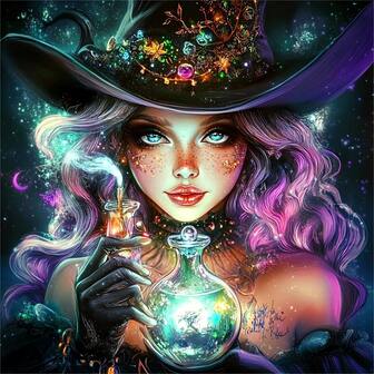 5D DIY Diamond Painting Kit (For Adults), Witch Theme, Acrylic Round And Square Diamonds, 15.75x15.75 Inch Art Craft Mosaic, Suitable For Home Office Wall Decor, Handmade Rhinestone Art Set, Holiday Gift, Suitable For Halloween, No Frame Included