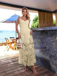 Long Guipure Lace Dress / With Built-In Bra / Back Zipper / 9612 - Apricot - View 1