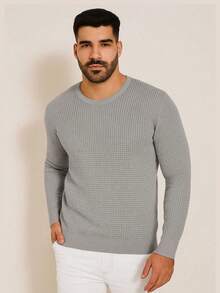 Men's Knitted Sweater, Round Neck, Long Sleeve, Casual Basic Knit - Marsala Red - View 3