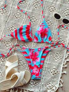 女士新款休闲可爱蓝粉色碎花条纹双面比基尼套装 - 彩色 - 查看 4