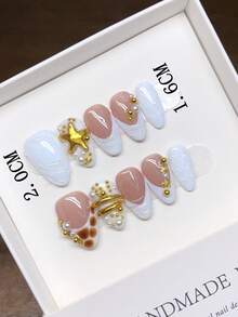 纯手工制作的杏仁形美甲贴片；手绘法式美甲，独特的秋冬设计；高品质简约美甲贴片，全覆盖假指甲，Y2K风格美甲贴片，按压式美甲贴片，手工美甲用品 - 彩色 - 查看 4