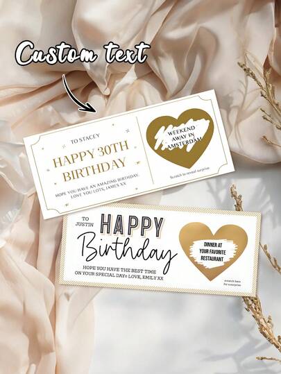 1/3pcs Personalised Birthday Scratch To Reveal Voucher, Scratch Card For 18th 21st 30th 40th 50th 60th 70th Birthday, Text Gift For Party Decoration, Concert Ticket Reveal, Anniversary Gift, Handmade Stationery