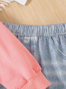 两件套女童休闲套装，纯色蝴蝶结装饰长袖上衣搭配印花仿牛仔图案长裤，春秋季