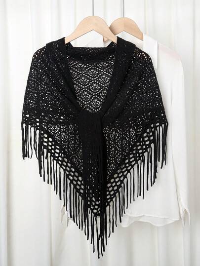1pc Women's Solid Color Triangular Tassel Knitted Scarf, Autumn/Winter