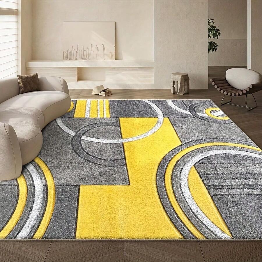 1pc Modern Abstract Geometric Curve Pattern Rug, Featuring Interwoven Gray, Yellow And White Curved Geometric Shapes, Creative Contemporary Rug, Suitable For Living Room, Bedroom, Kitchen, Study, Entryway, Laundry Room, Home Decor Gift; Living Room Rug: Living Room Rug, Rug, Area Rug For Living Room, Small Area Rug, Mat, Home Decor, Large Living Room Rug, Living Room Home Decor, Room Decor, Washable Rug - Multicolor - View 1