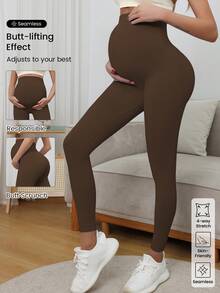 Maternity High Waist Seamless Elastic Solid Color Leggings, Suitable For Casual Daily Wear Spring - Brown - View 5