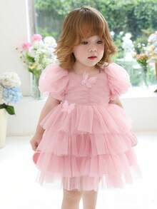 Baby Girls' Pink 3D Butterfly Tulle Puff Sleeve Elegant Party Princess Dress, Suitable For 1st Birthday Gift, Wedding Flower Girl, Banquet, Prom, Holiday Celebration - Pink - View 9