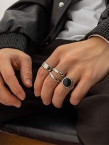 4件套时尚朋克风螺旋星形戒指套装，男士日常休闲佩戴 - 白K - 查看 12