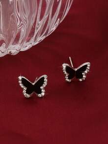 1 Pair S925 Sterling Silver Cute & Sweet Butterfly Stud Earrings, Fashionable & Versatile Minimalist Design Luxury Earrings For Women - Black - View 2