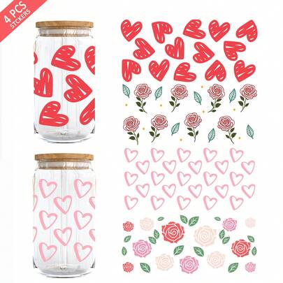 4 قطع غلاف كوب بطبعة قلب وورد لمناسبة عيد الحب لأكواب 16 أونصة - ملصق نقل بلوري ثلاثي الأبعاد مقاوم للماء للحرف اليدوية، الأكواب، الأجهزة المحمولة