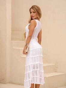 Women's Midi Dress, Knit, Summer, Crochet, Ruffles, Party, Beach, Elegant, Christmas, New Year's Eve, Premium - 白色 - 查看 2